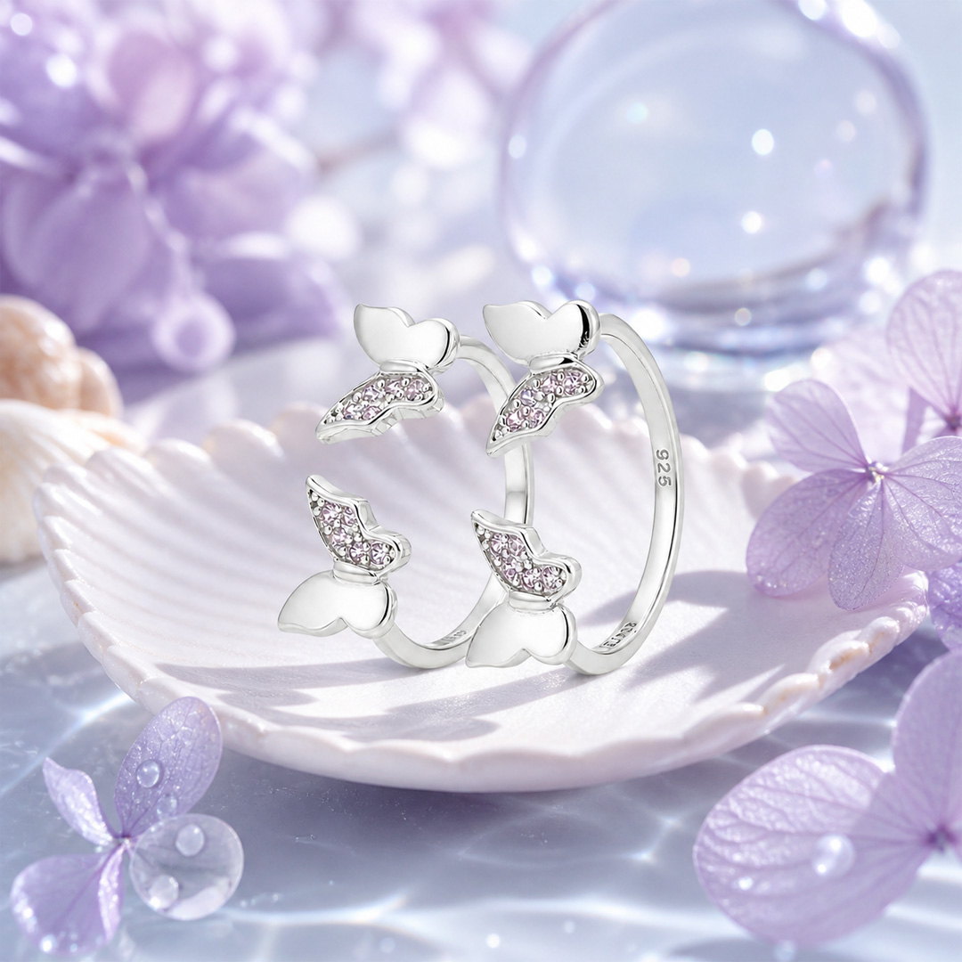 Enchanted Twin Butterfly Sterling Silver Open Cuff Ring