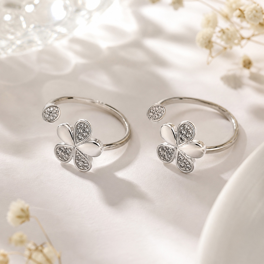 Sparkling Clover Open Cuff Adjustable Ring in Sterling Silver