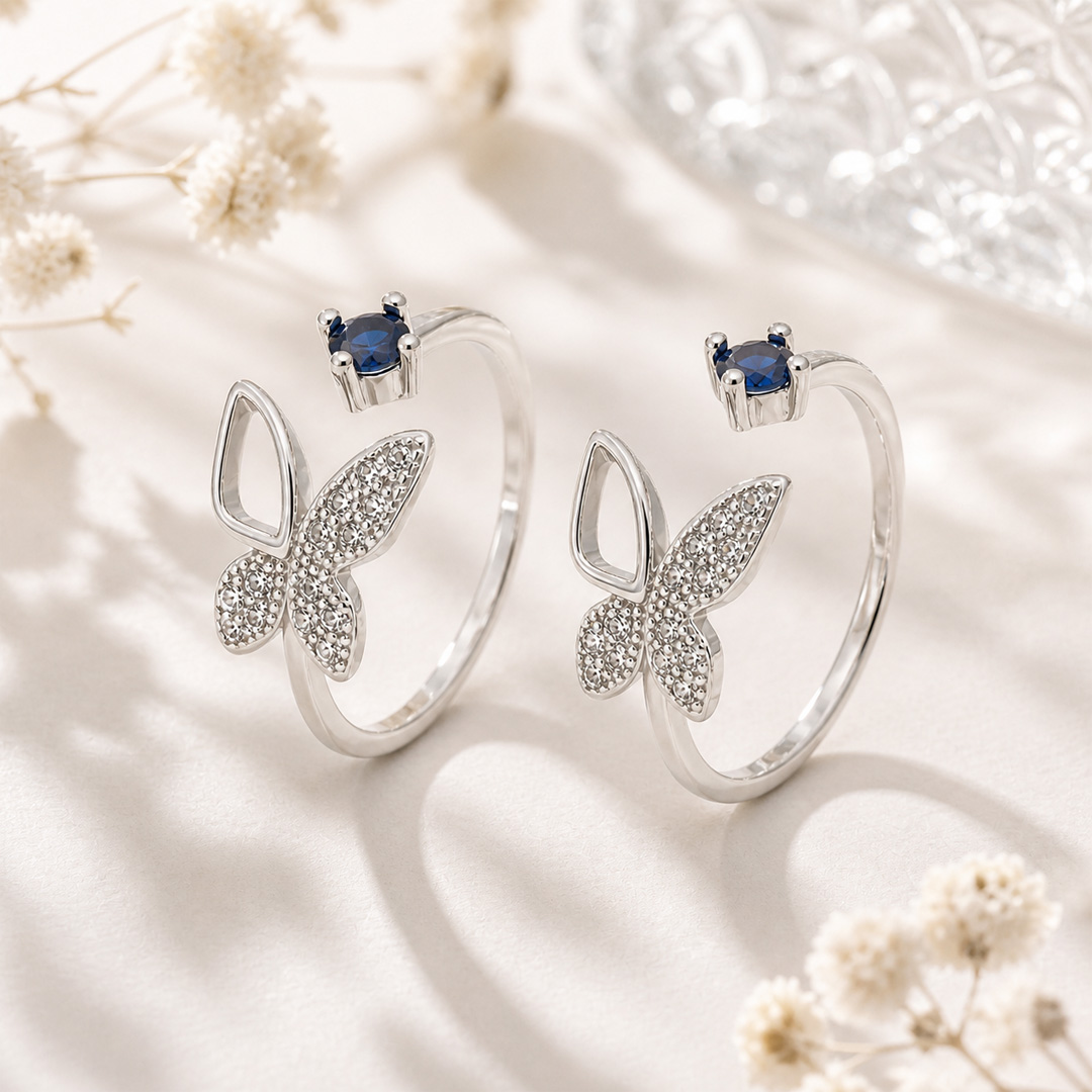 Sparkling Silver Butterfly Open Cuff Ring with Sapphire Blue Crystal
