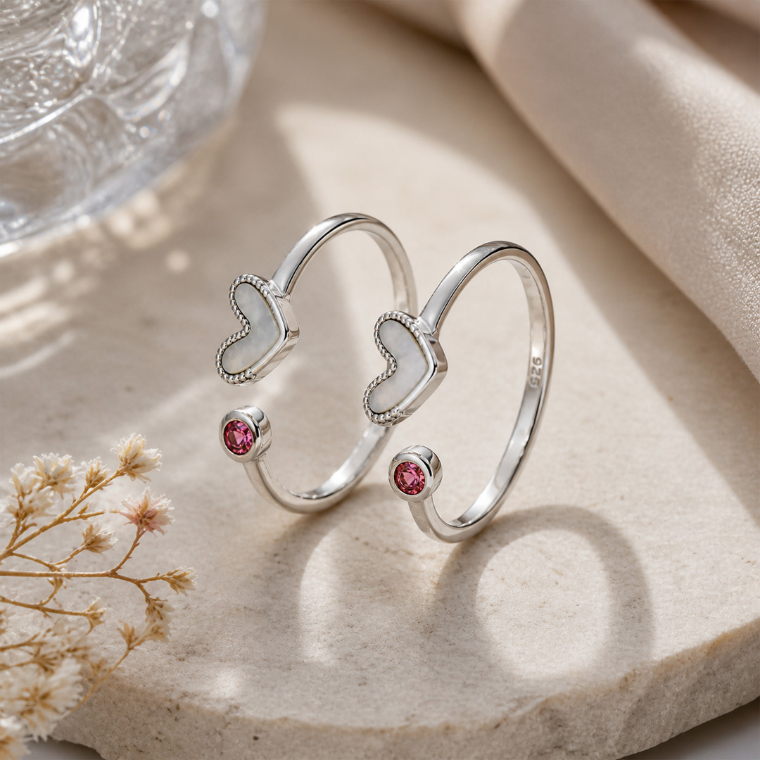 Romantic Mother of Pearl Heart Open Cuff Ring with Pink Crystal Accent