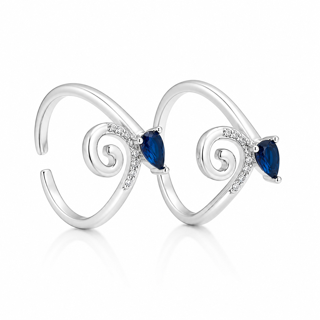 Vintage Swirl Pear-Cut Sapphire Blue Crystal Open Cuff Ring in Sterling Silver