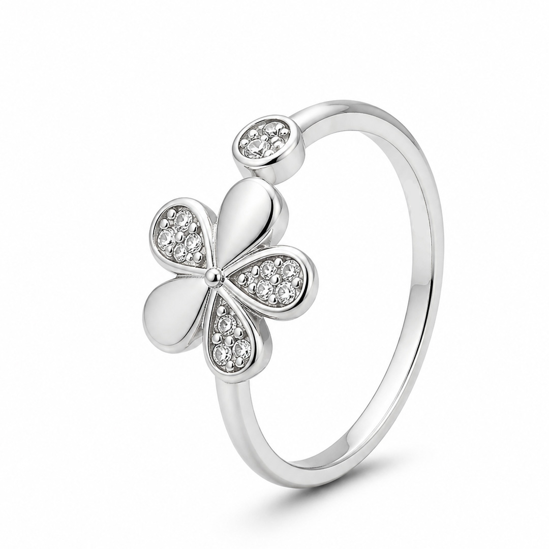 Sparkling Clover Open Cuff Adjustable Ring in Sterling Silver