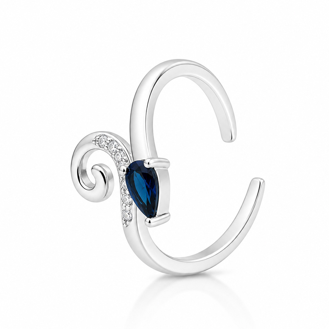 Vintage Swirl Pear-Cut Sapphire Blue Crystal Open Cuff Ring in Sterling Silver