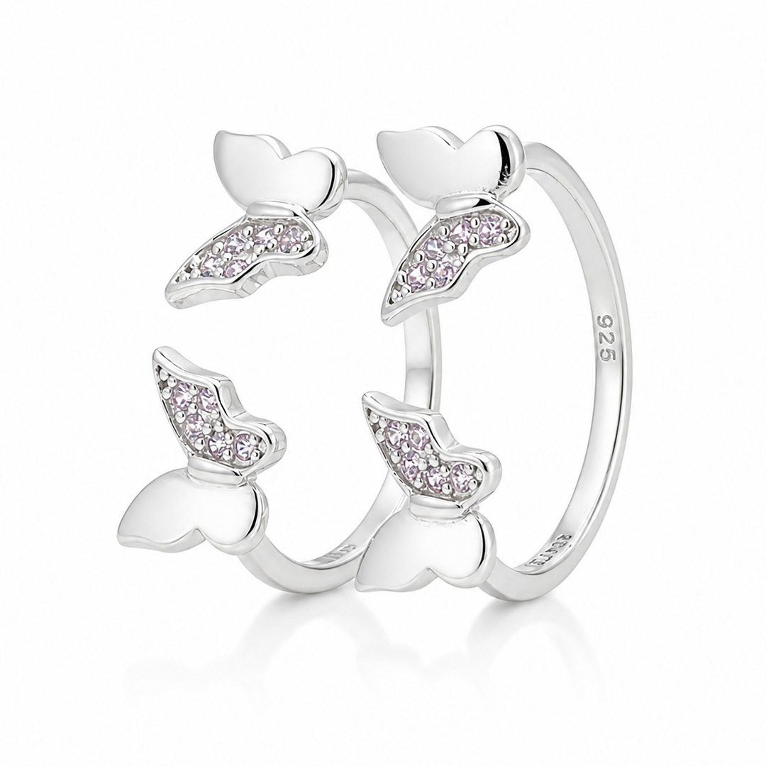Enchanted Twin Butterfly Sterling Silver Open Cuff Ring