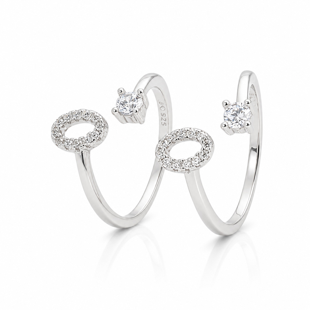 Minimalist Geometric Open Cuff Ring with Pave Circle and Solitaire Crystal