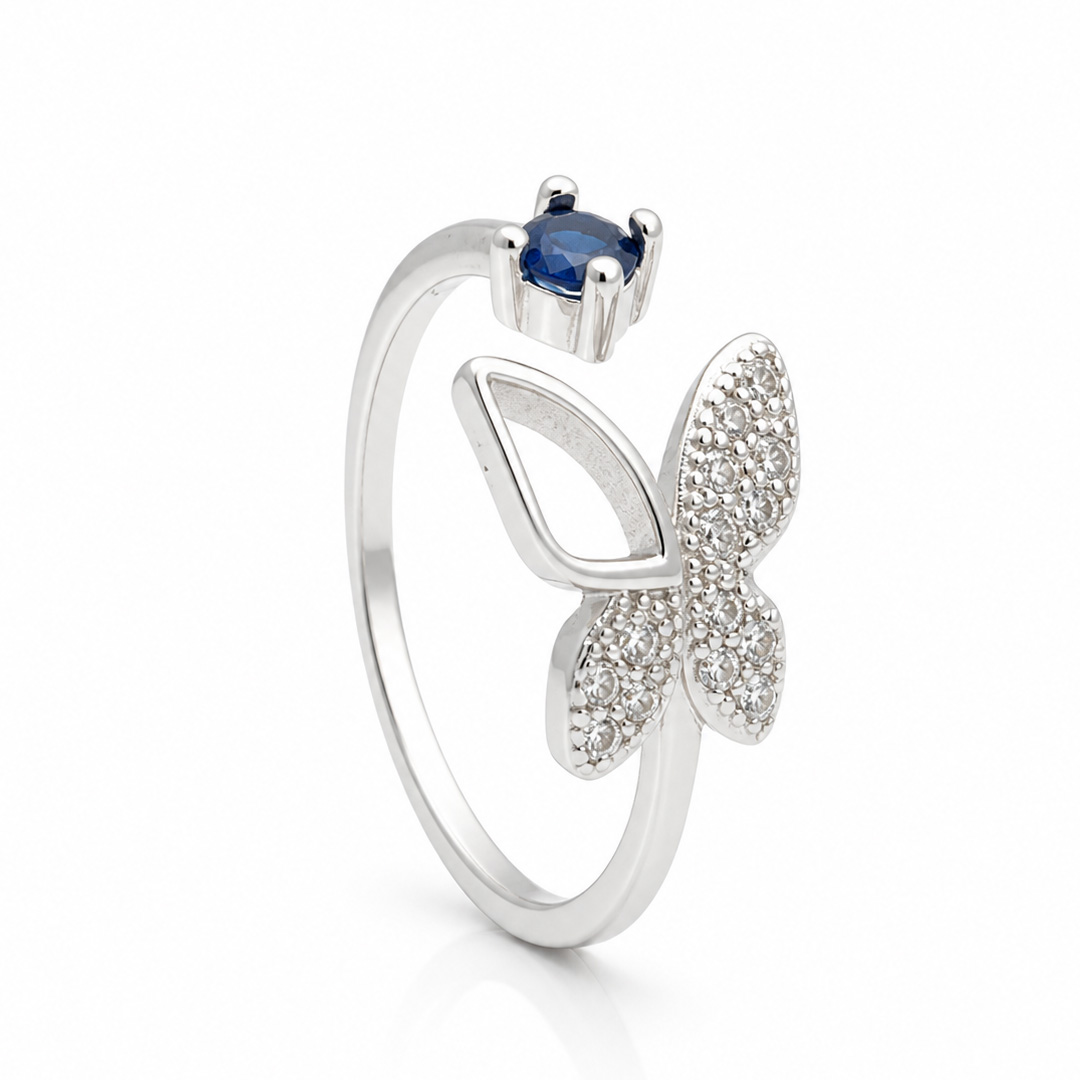 Sparkling Silver Butterfly Open Cuff Ring with Sapphire Blue Crystal