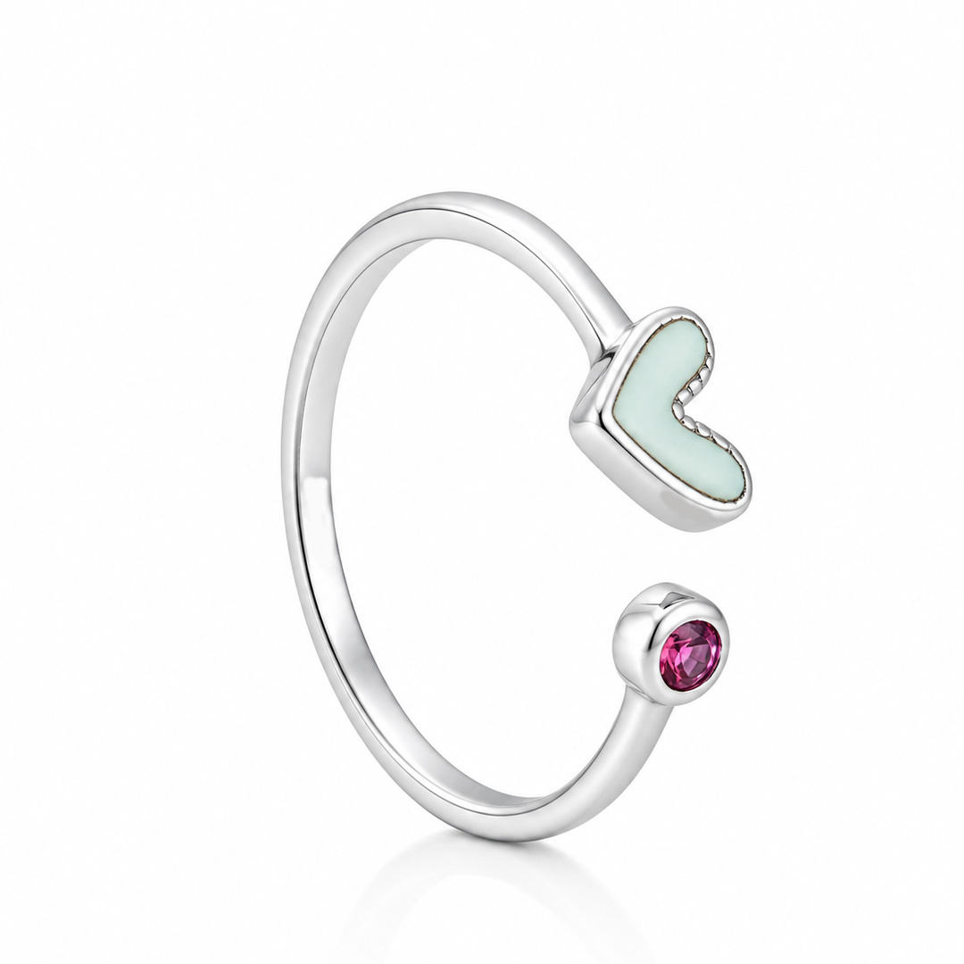 Romantic Mother of Pearl Heart Open Cuff Ring with Pink Crystal Accent