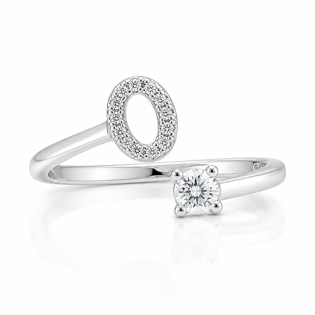 Minimalist Geometric Open Cuff Ring with Pave Circle and Solitaire Crystal