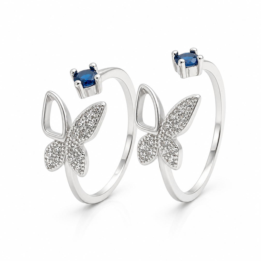 Sparkling Silver Butterfly Open Cuff Ring with Sapphire Blue Crystal