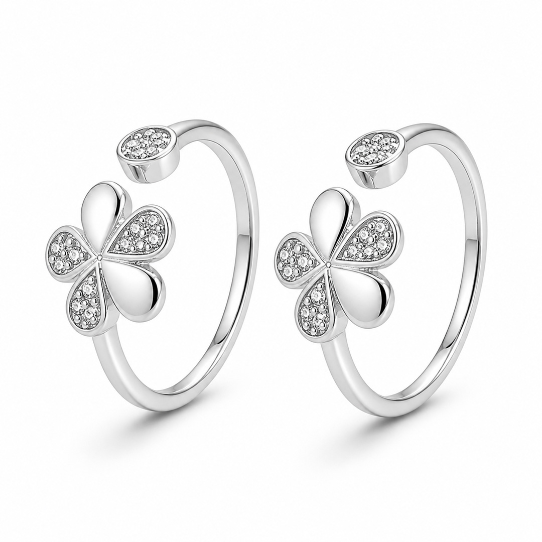 Sparkling Clover Open Cuff Adjustable Ring in Sterling Silver