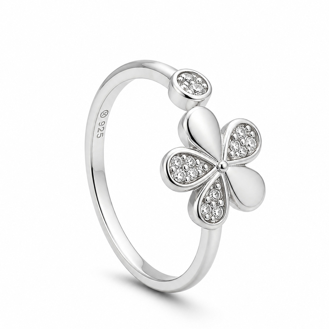 Sparkling Clover Open Cuff Adjustable Ring in Sterling Silver