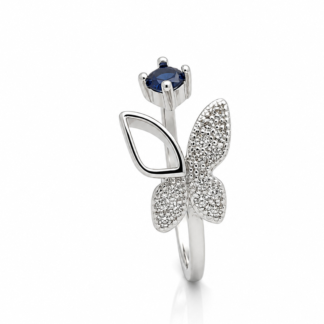 Sparkling Silver Butterfly Open Cuff Ring with Sapphire Blue Crystal