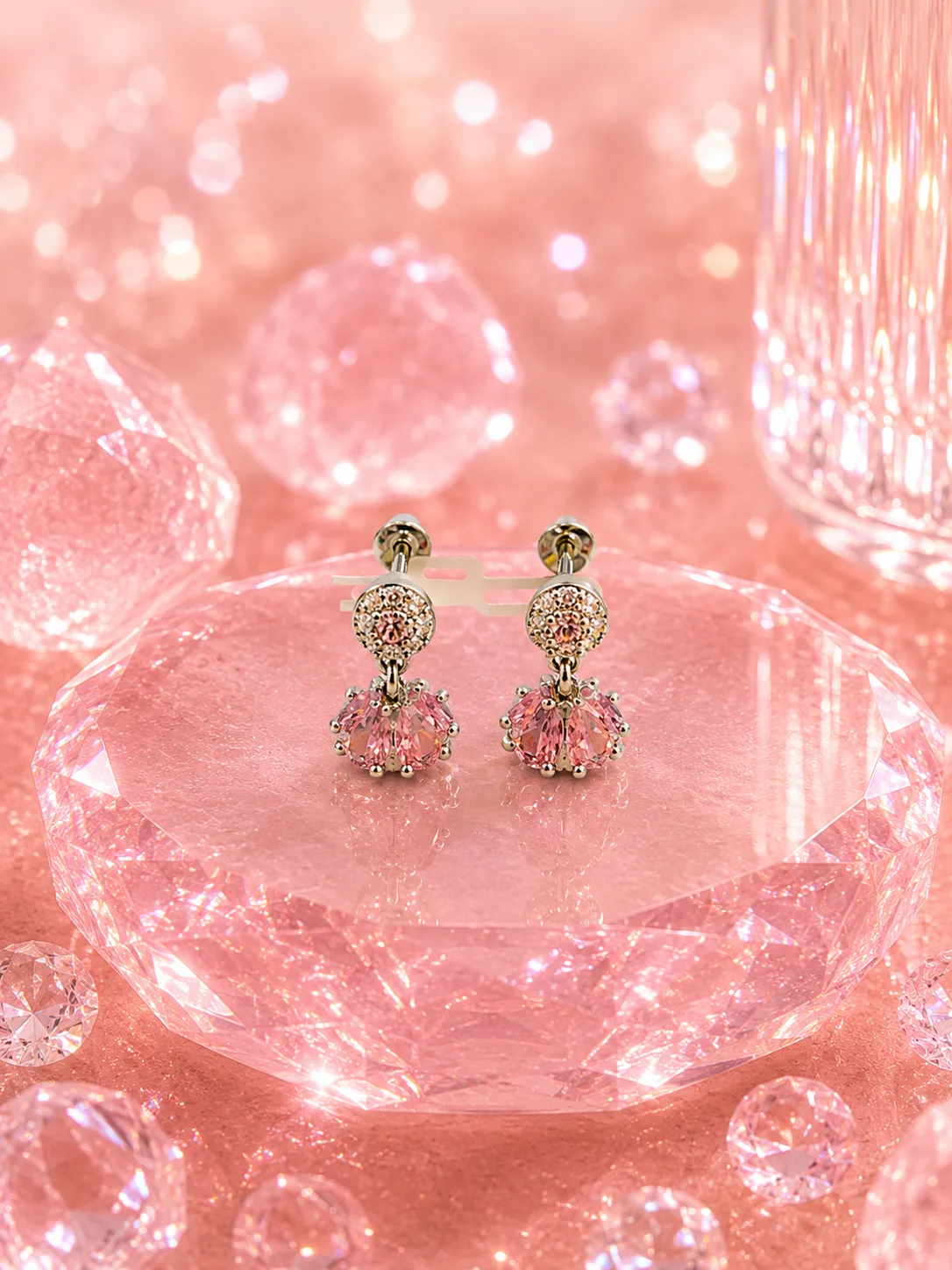 Pave Circle & Pink Cluster Drop Earrings