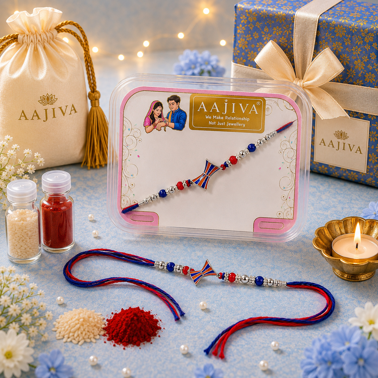 AAJIVA Damru Charm Silver Rakhi - Blue & Red