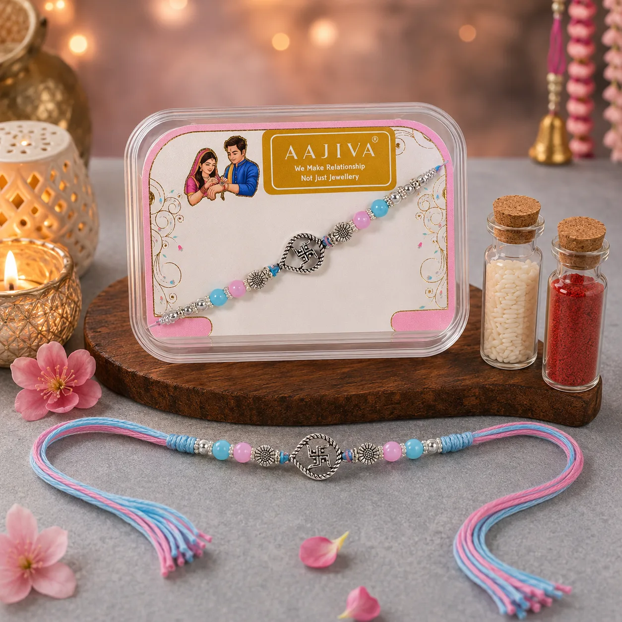 Aajiva Swastik Charm Silver Rakhi