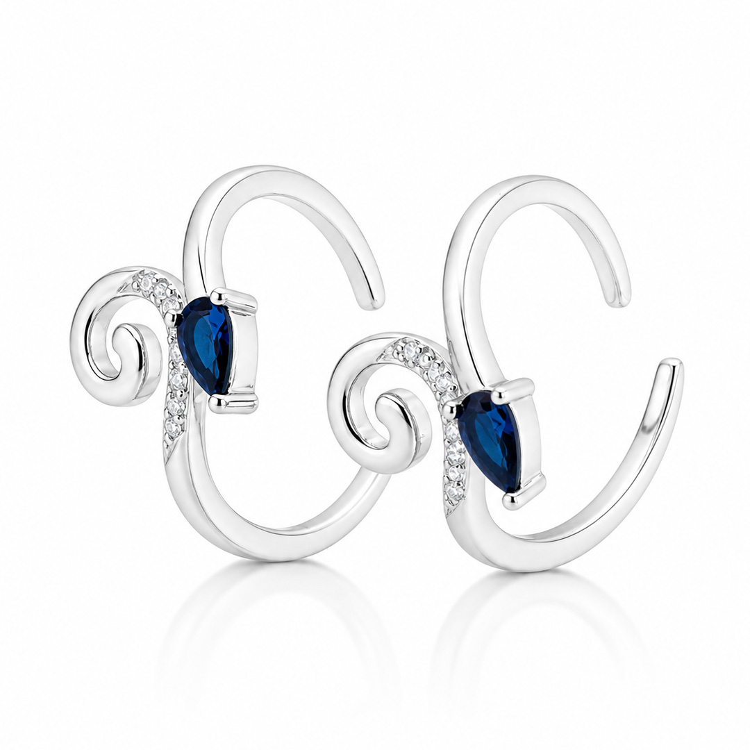 Vine Swirl Sapphire Blue Pear Open Cuff Toe Ring (Pair)