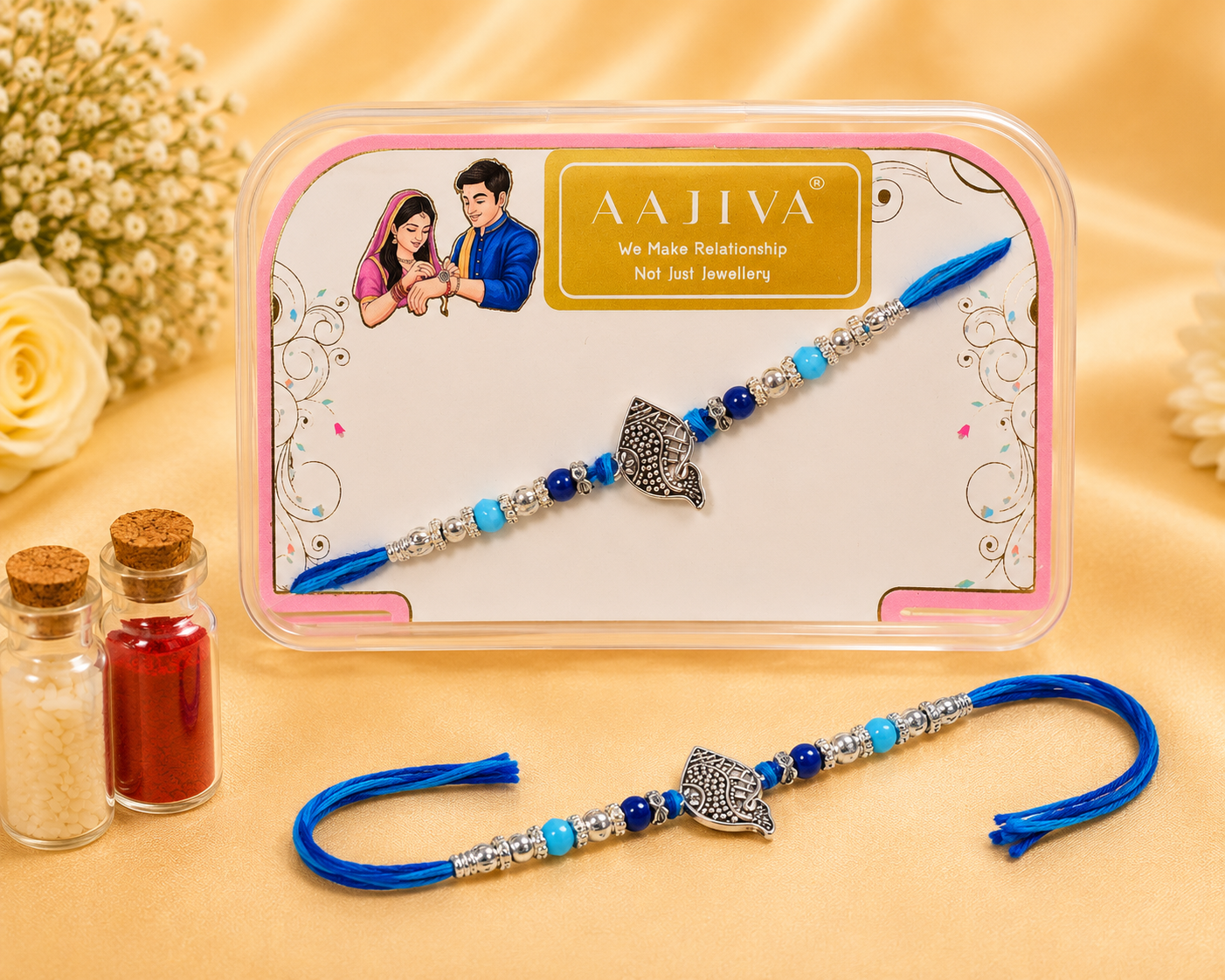 Silver Ganesh — Textured Silver Rakhi - Blue