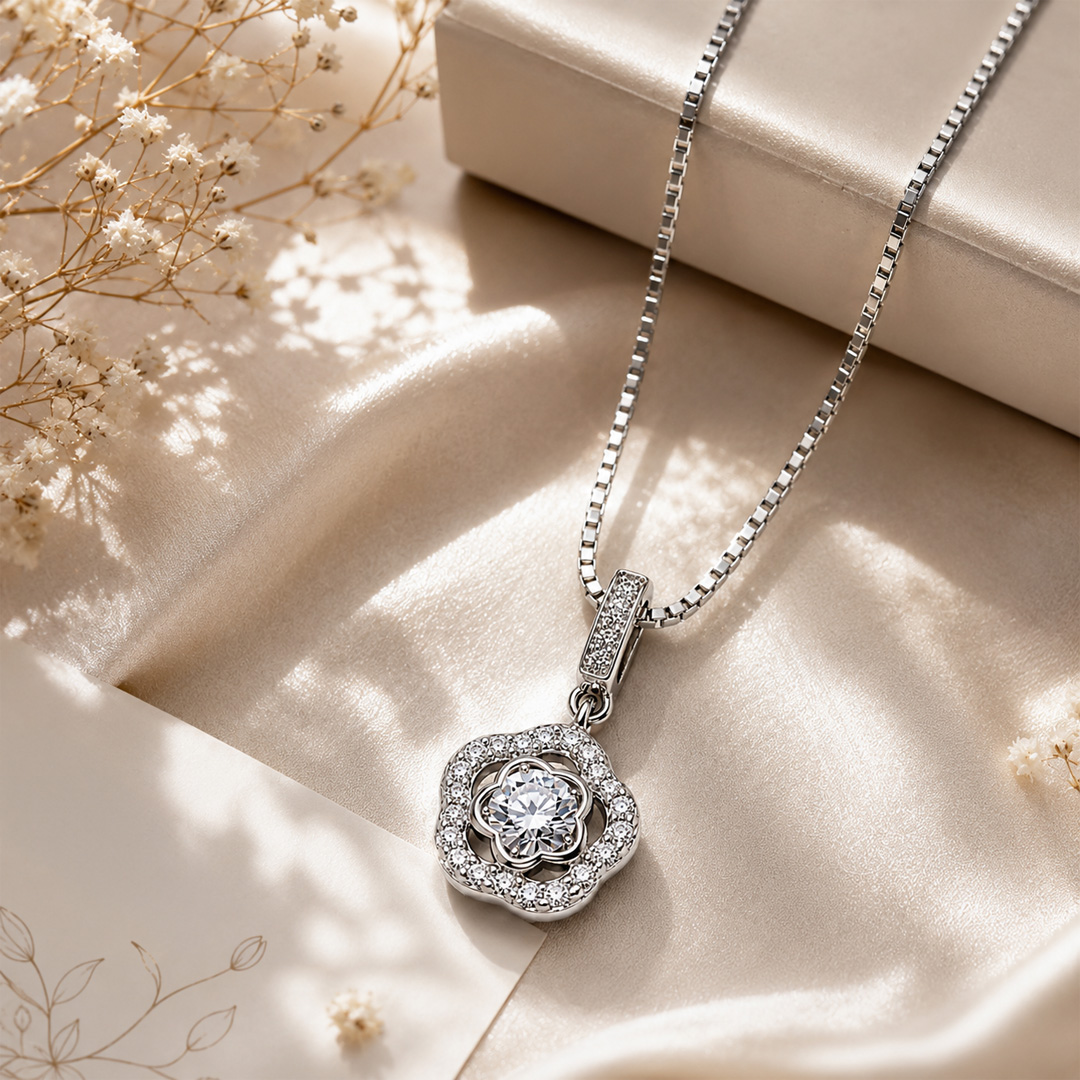 Flower Halo Solitaire Pendant Necklace