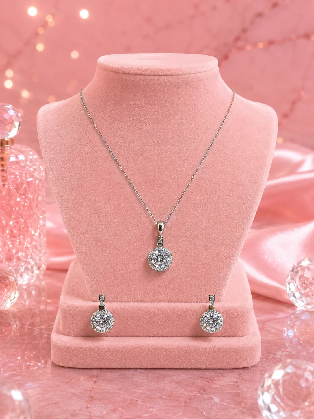 Celeste Round Halo Solitaire Necklace & Earring Set