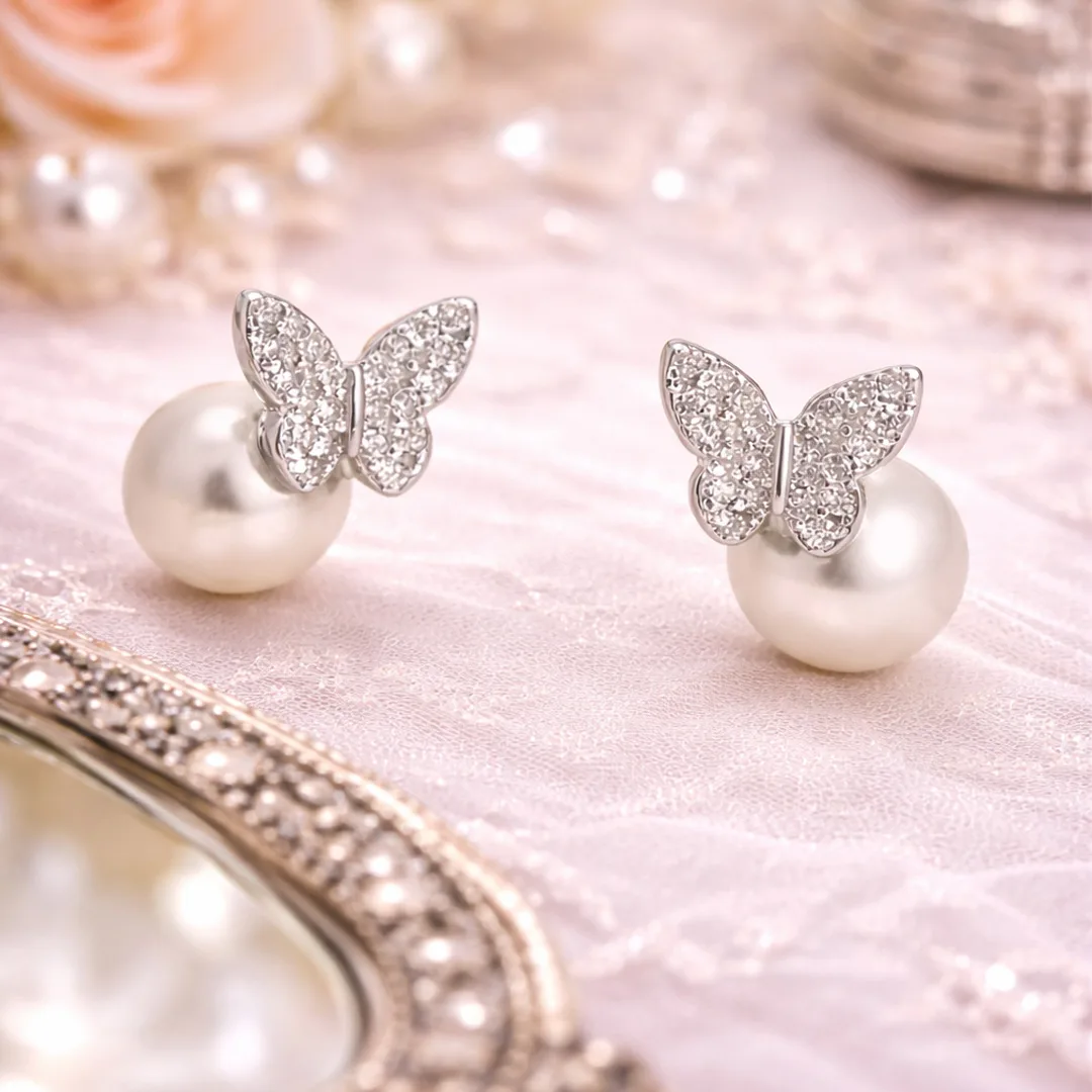 Pave Butterfly Pearl Stud Earrings