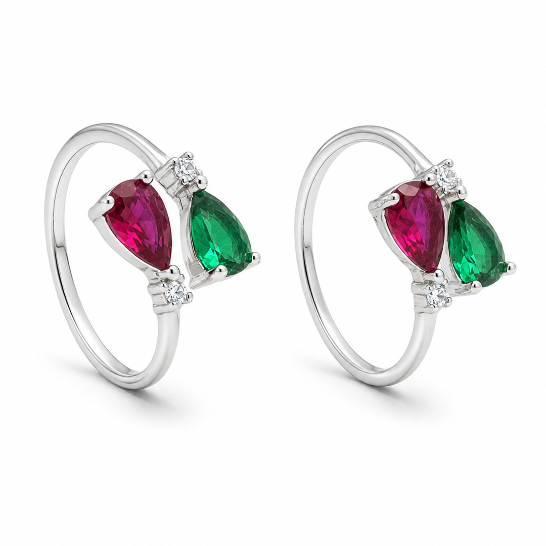 Duo Pear Ruby & Emerald Toe Ring (Pair)
