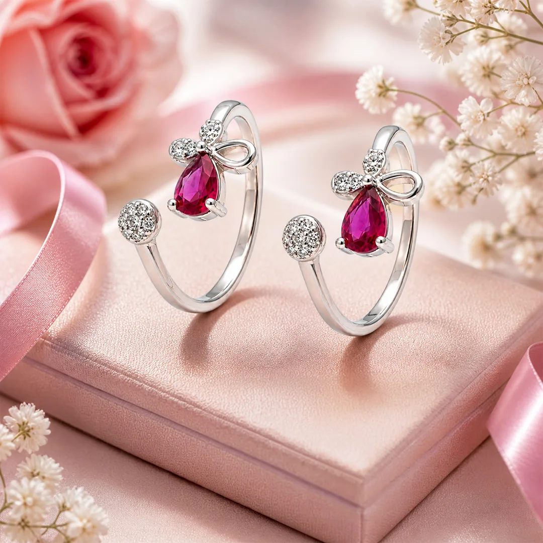Rosette Bow & Ruby Pear Open Cuff Toe Ring (Pair)