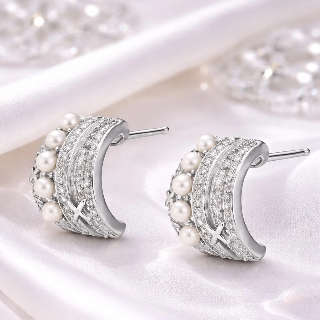 Pave Crescent Hoop Earrings With Pearl Trim
