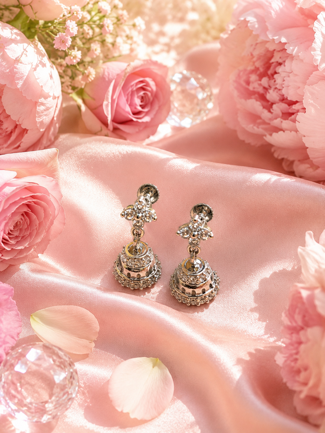 Floral Pave Jhumka Earrings With Beaded Trim