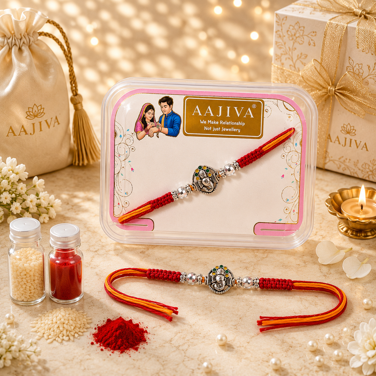 AAJIVA Ganesh Medallion Silver Rakhi - Red & Yellow