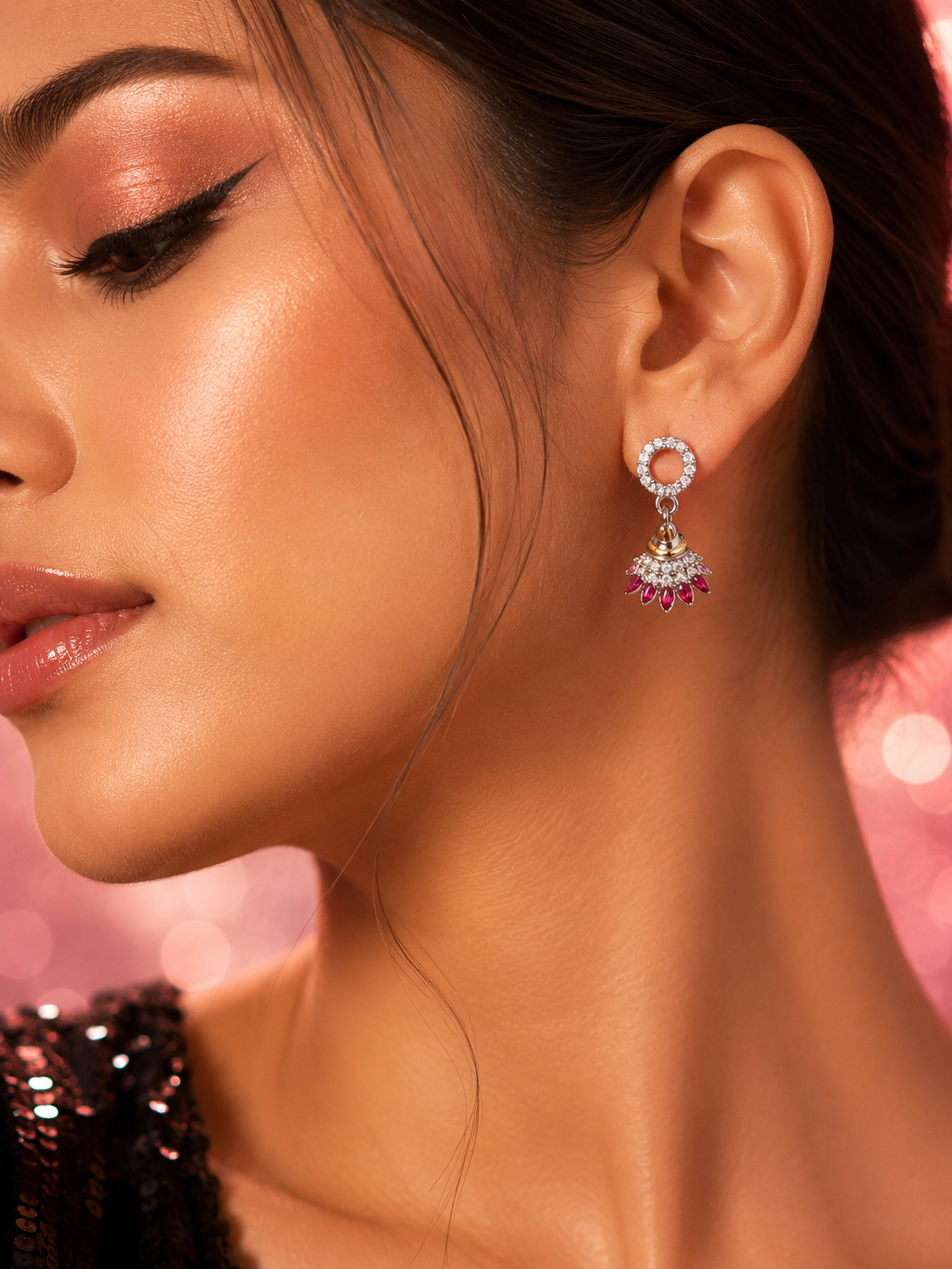 Pave Circle Fan Drop Earrings With Pink Accents