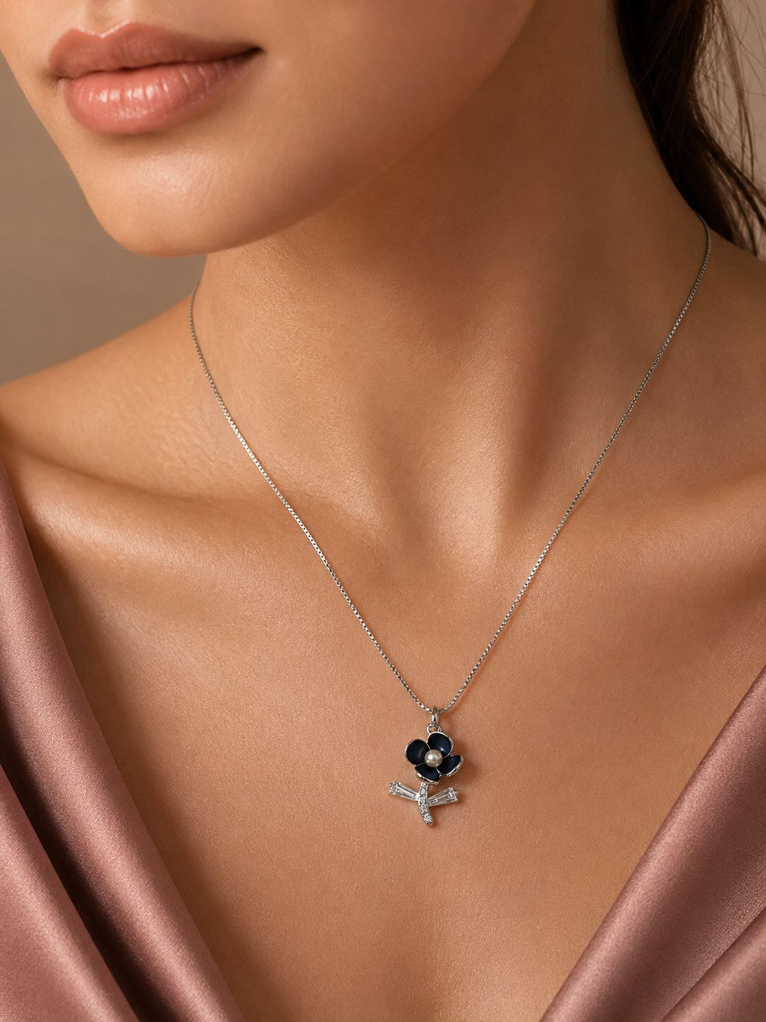 Black Enamel Flower & Pearl Pendant