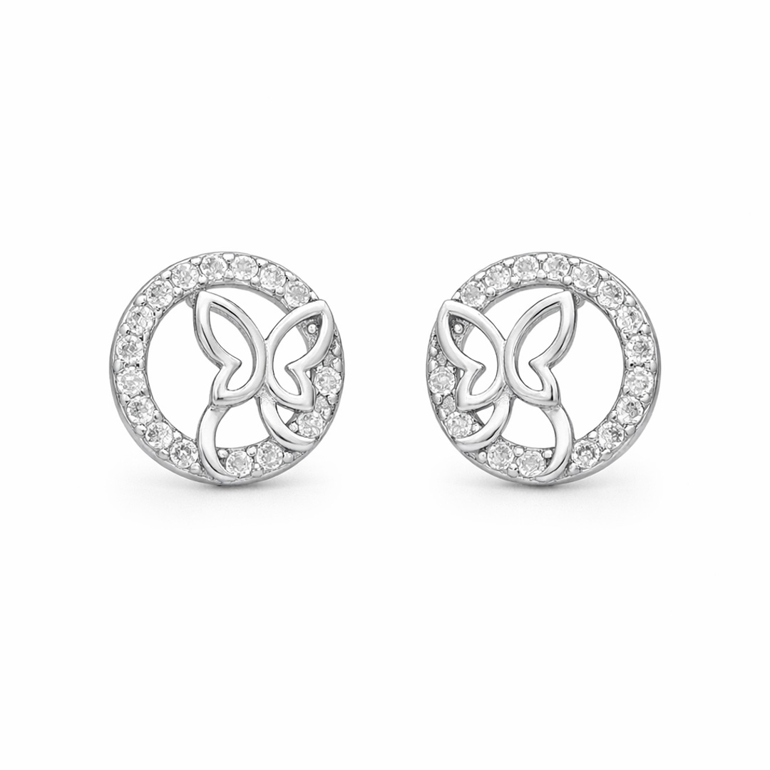 Open Butterfly Pave Circle Stud Earrings