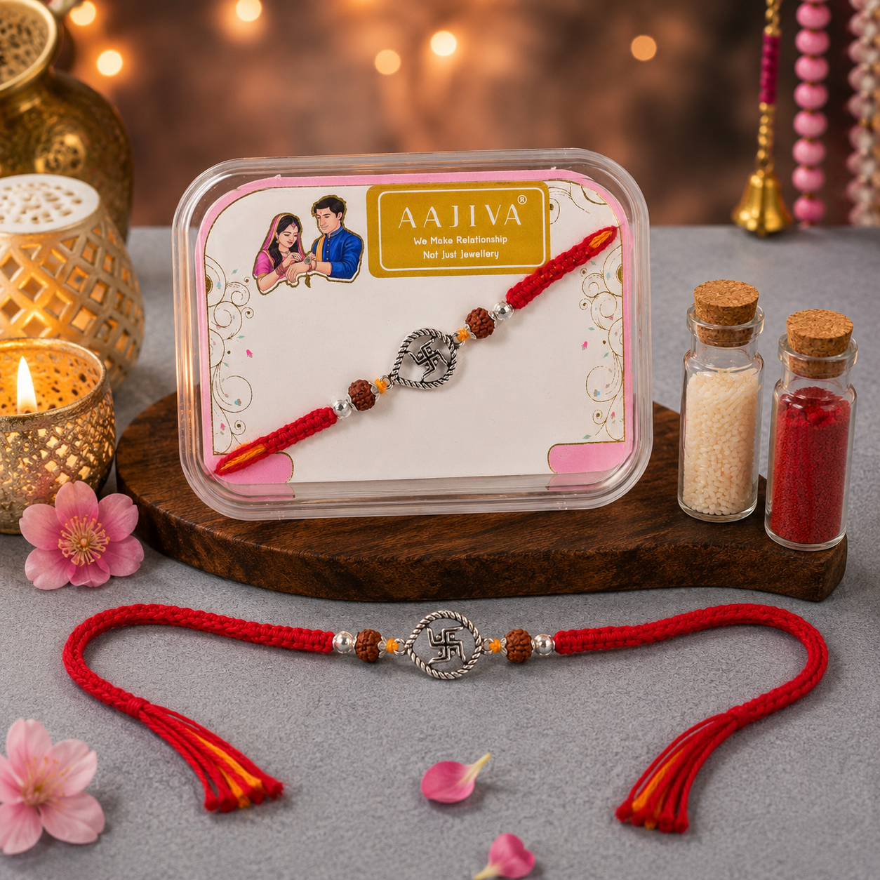 AAJIVA Swastik Charm Silver Rakhi - Red & Yellow