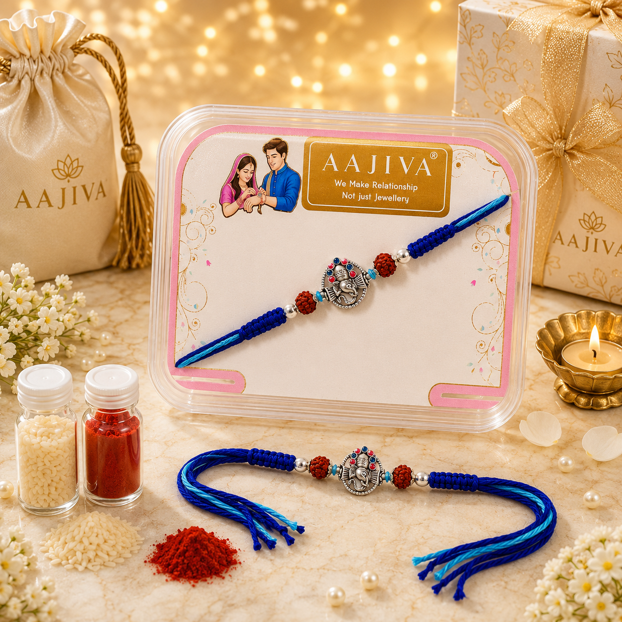 AAJIVA Ganesh Medallion Silver Rakhi - Blue