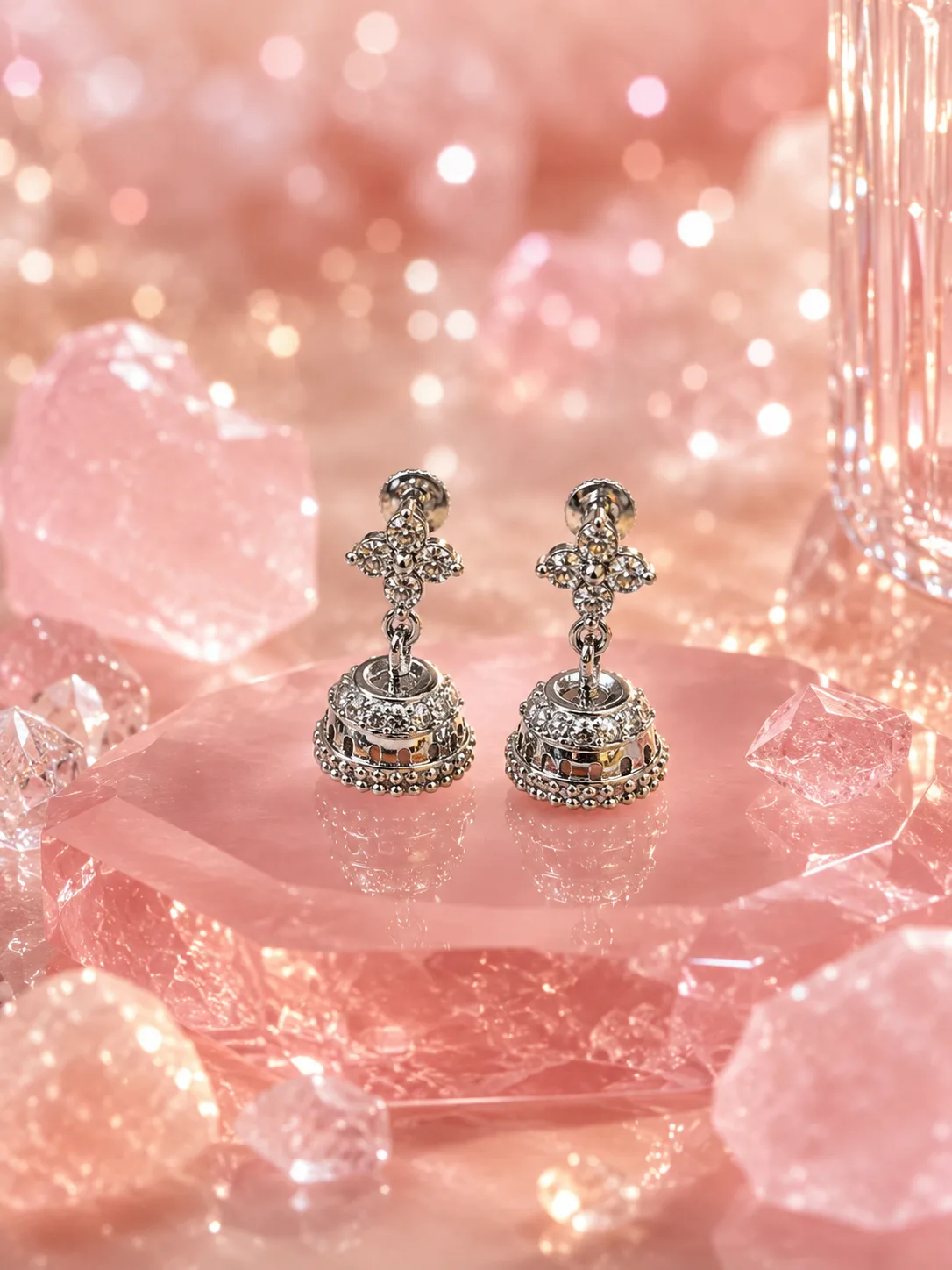 Floral Pave Jhumka Earrings With Beaded Trim