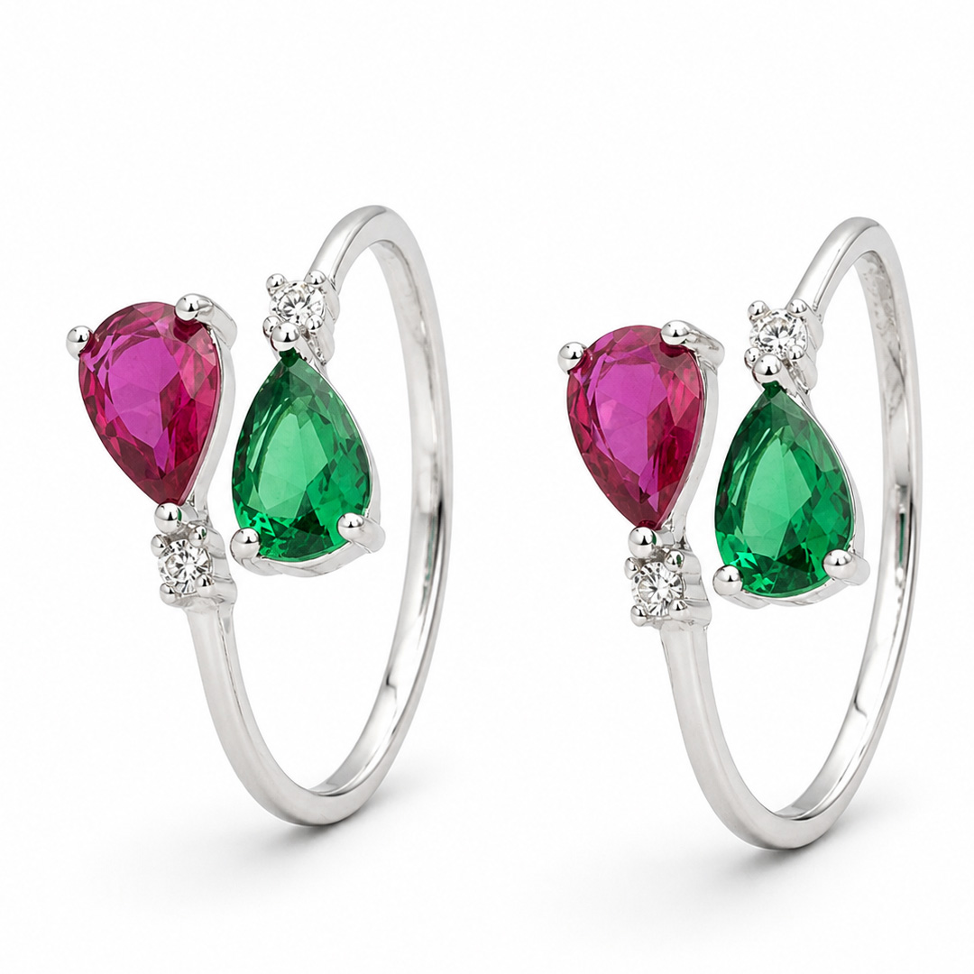 Duo Pear Ruby & Emerald Toe Ring (Pair)