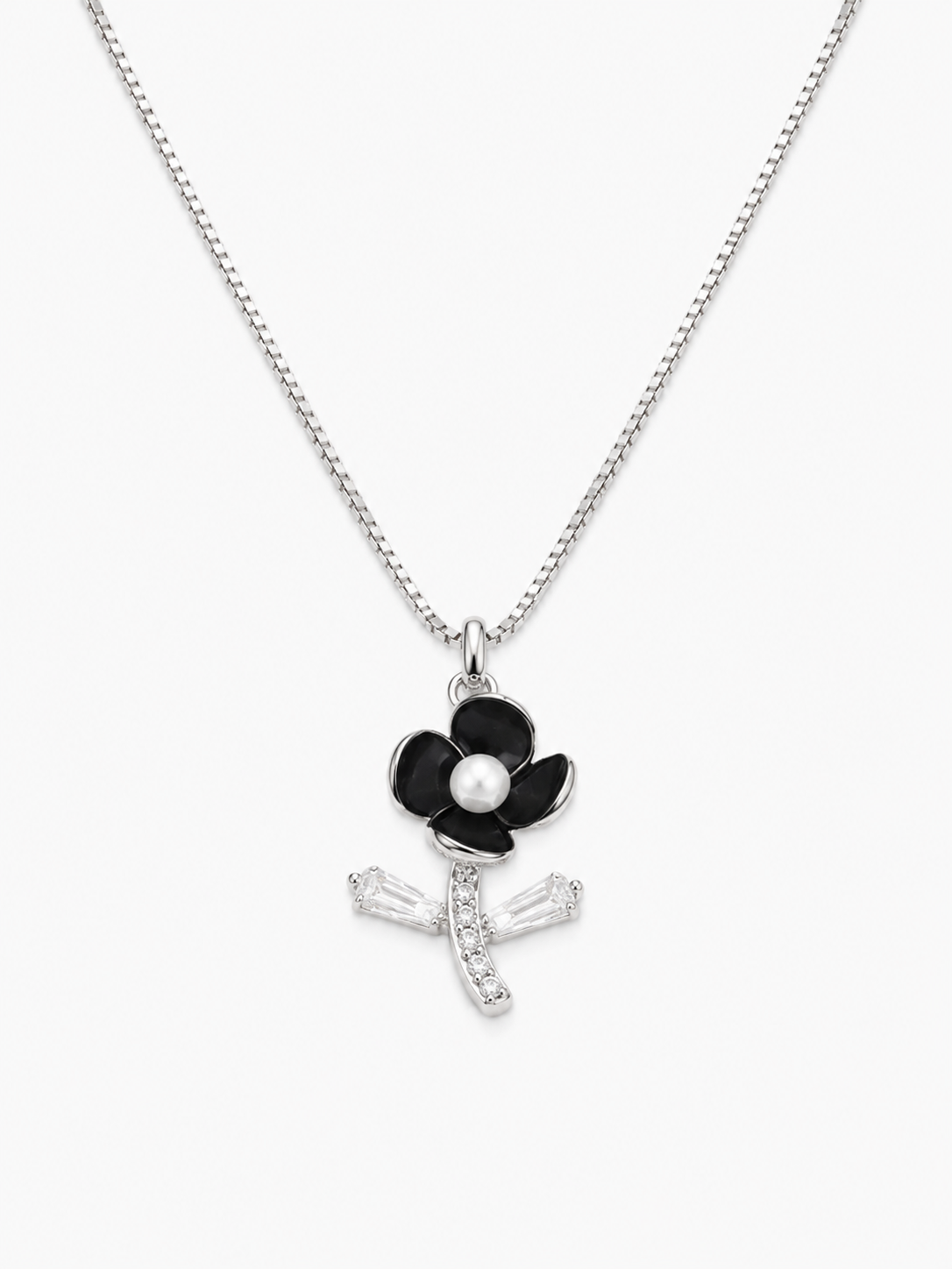 Black Enamel Flower & Pearl Pendant