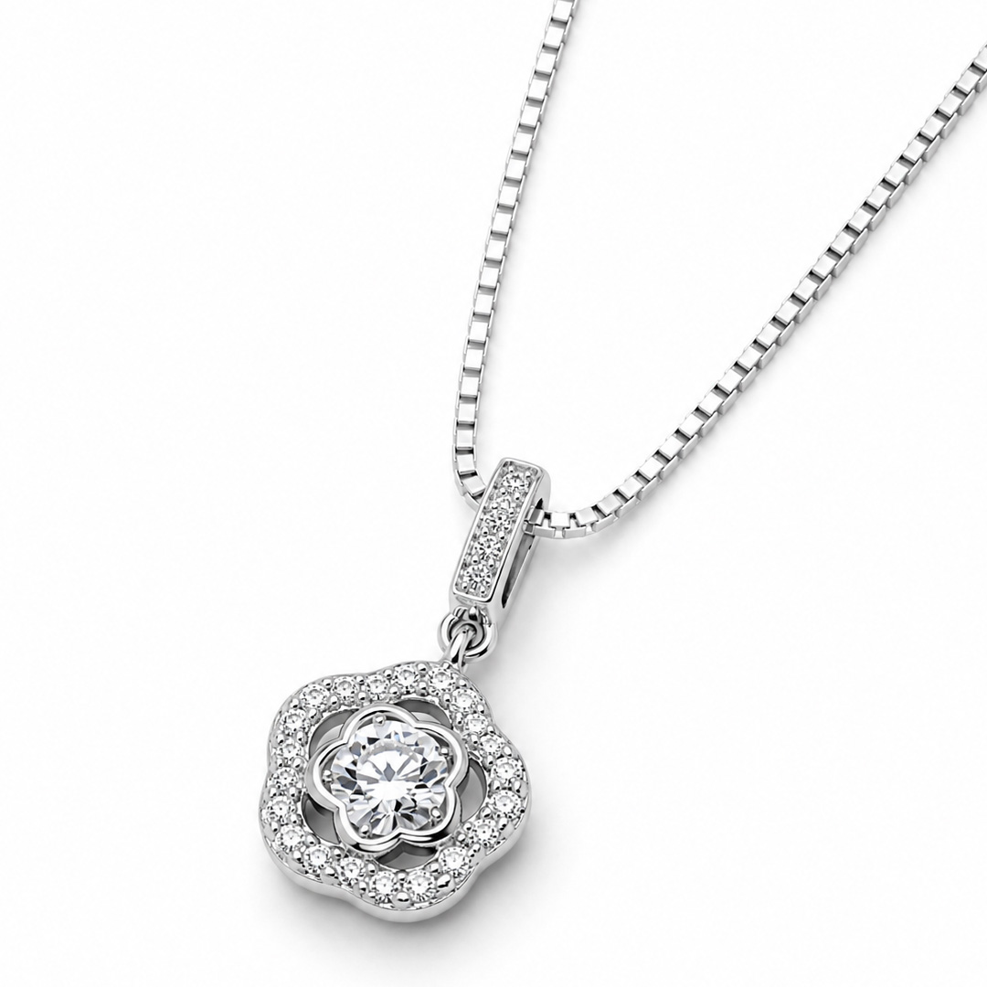 Flower Halo Solitaire Pendant Necklace