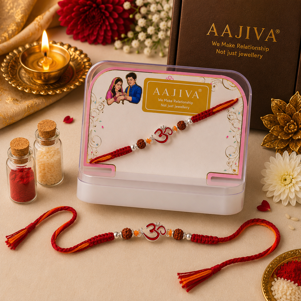 AAJIVA Rakshak Om Silver Rakhi - Red
