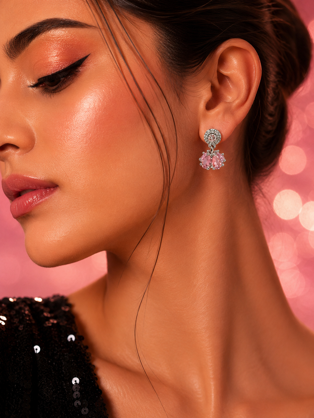 Pave Circle & Pink Cluster Drop Earrings