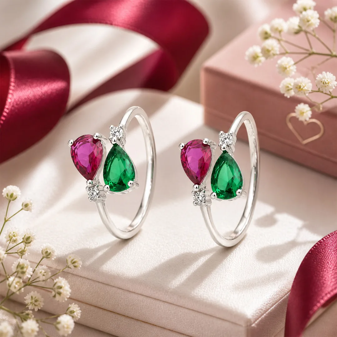Duo Pear Ruby & Emerald Toe Ring (Pair)