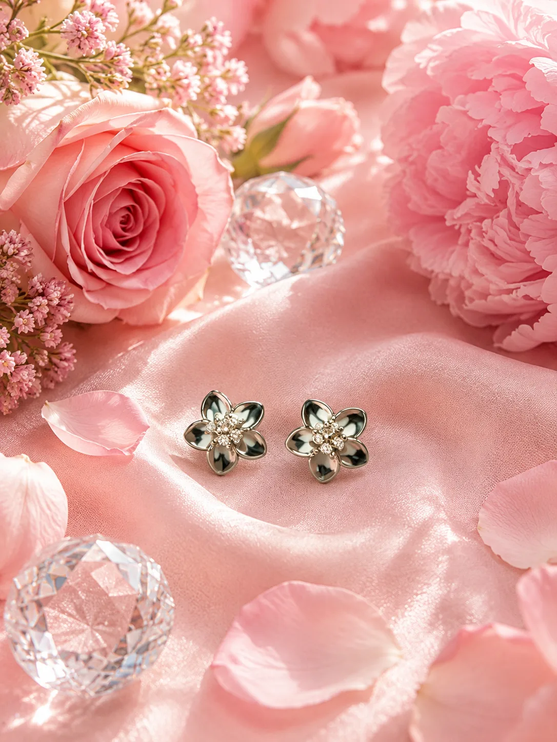 Enamel Flower Stud Earrings With Center Stone