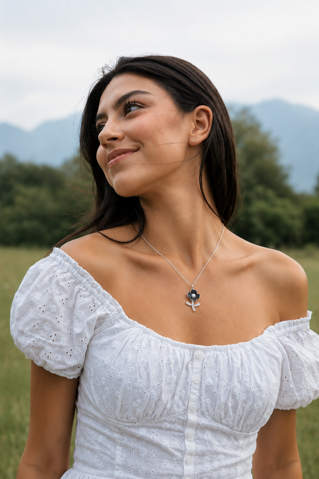 Black Enamel Flower & Pearl Pendant