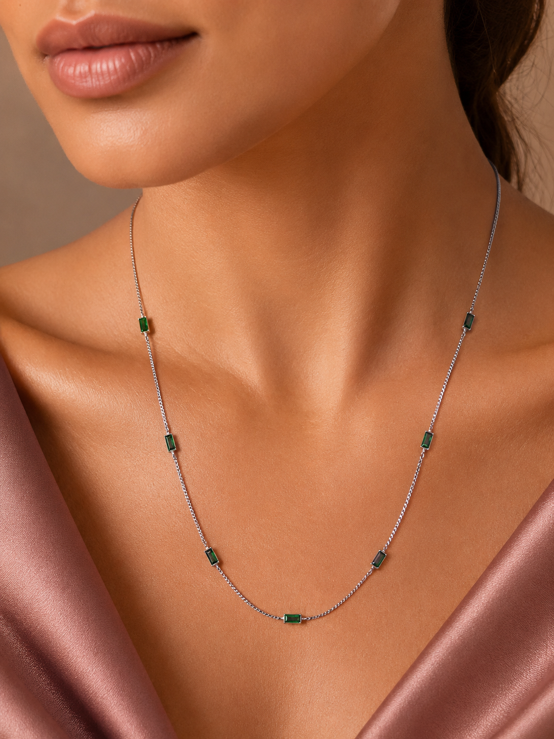 Emerald Baguette Station Necklace (Gold Edition)