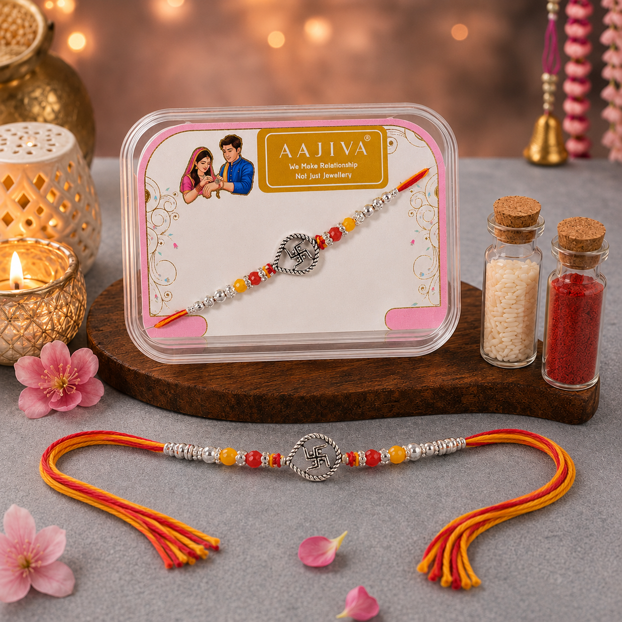 Aajiva Swastik Charm Silver Rakhi