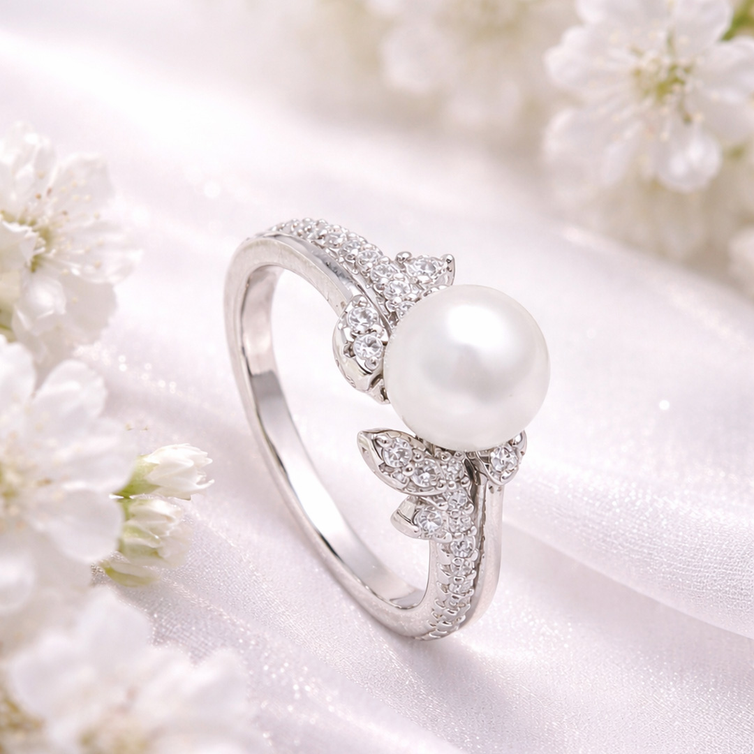 The Aphrodite Pearl & Crystal Leaf Ring